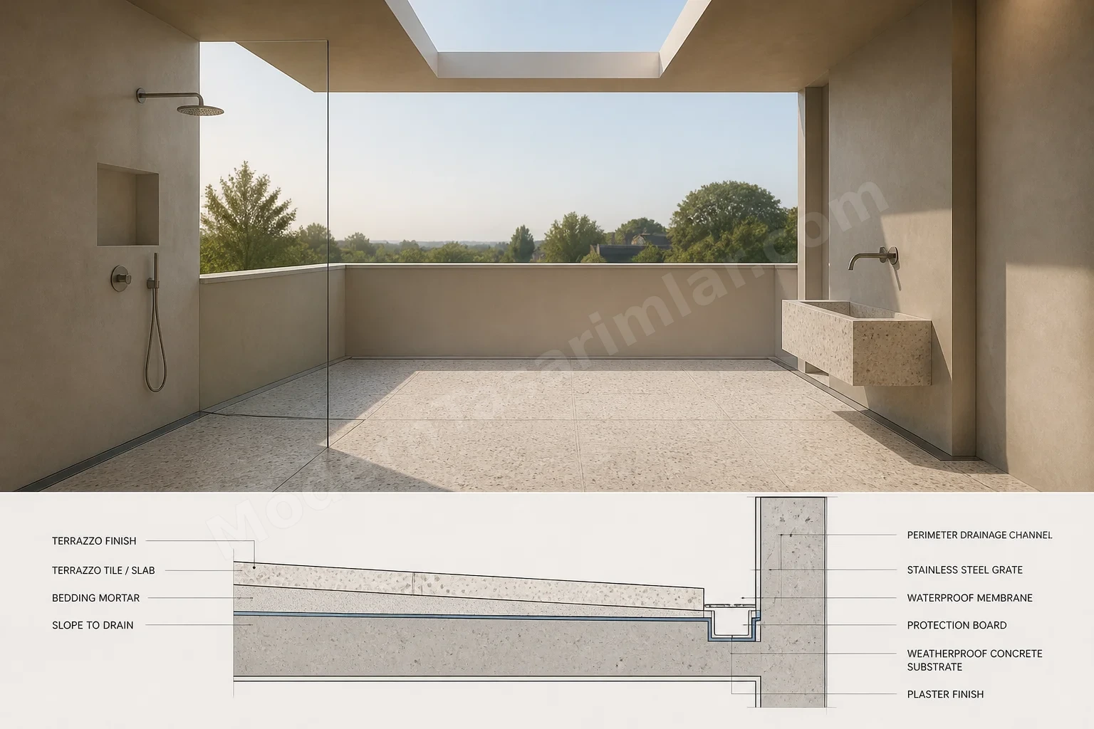 Terrazzo çatı banyosu konsepti, alçak parapet ve entegre drenaj kanalı.
