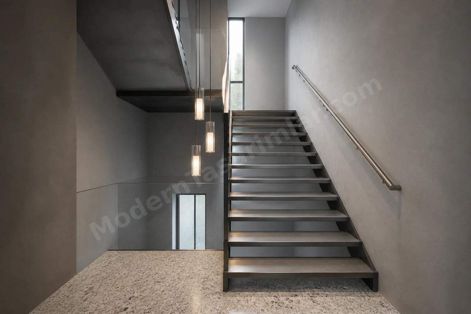 Terrazzo inişli minimalist çelik açıklıklı merdiven ve sarkıt lambalar