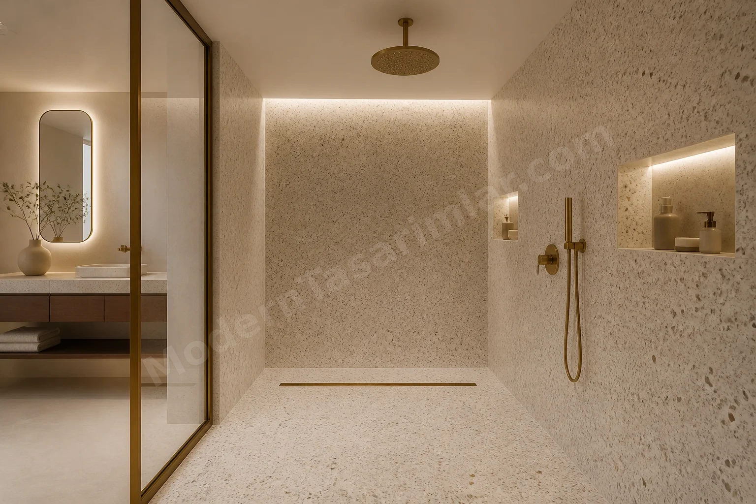 Terrazzo kaplamalı sürekli yüzeyli küvetsiz duş ve aydınlatmalı niş