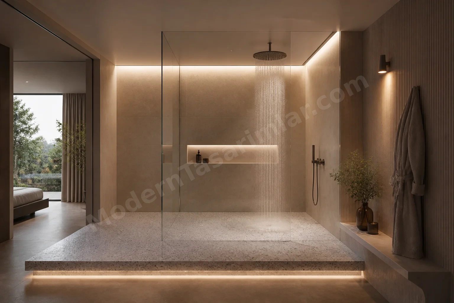 Terrazzo platformlu otel tipi küvetsiz duş ve LED basamak ışığı