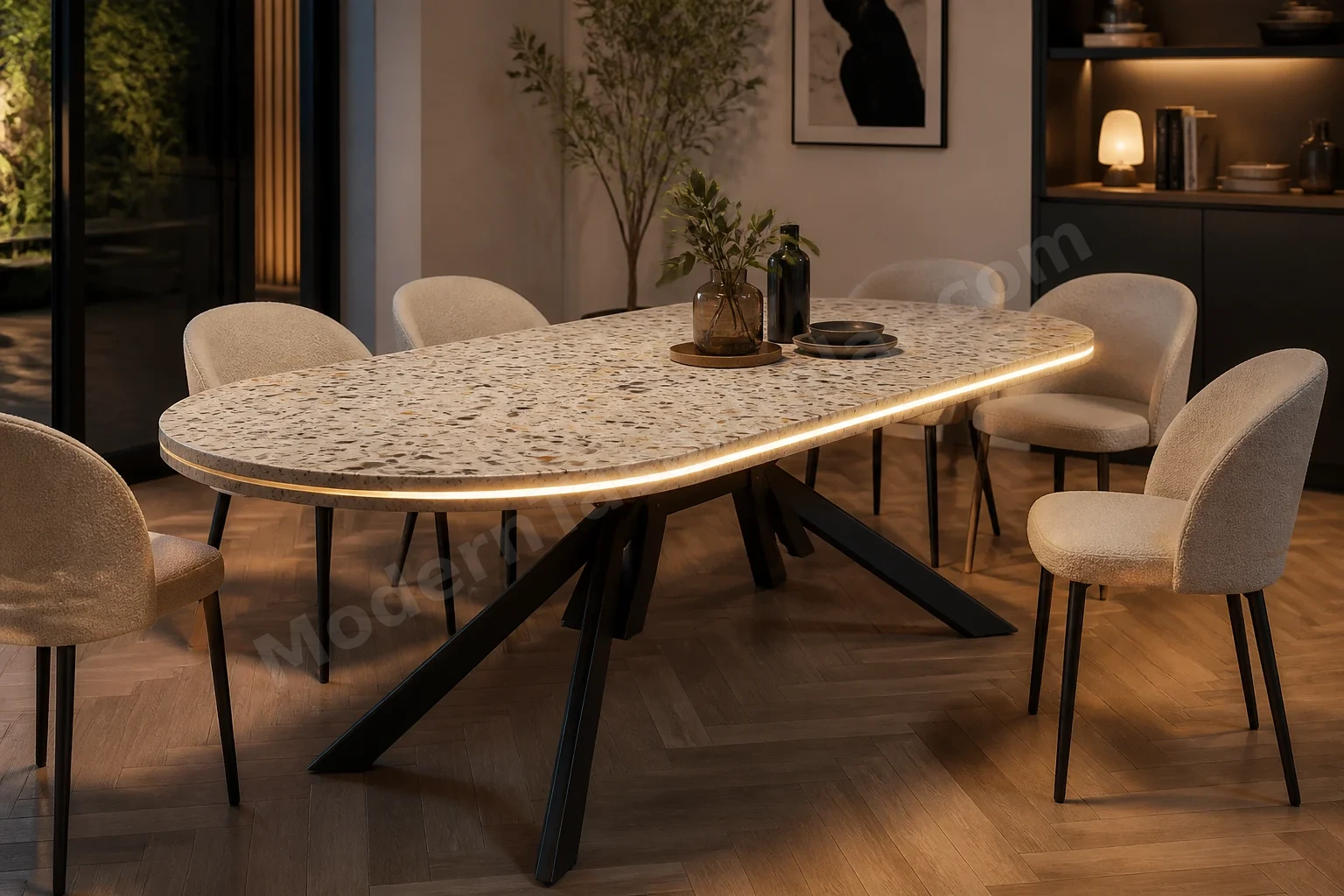 Terrazzo yüzeyli gizli uzantılı LED aydınlatmalı sürgülü masa