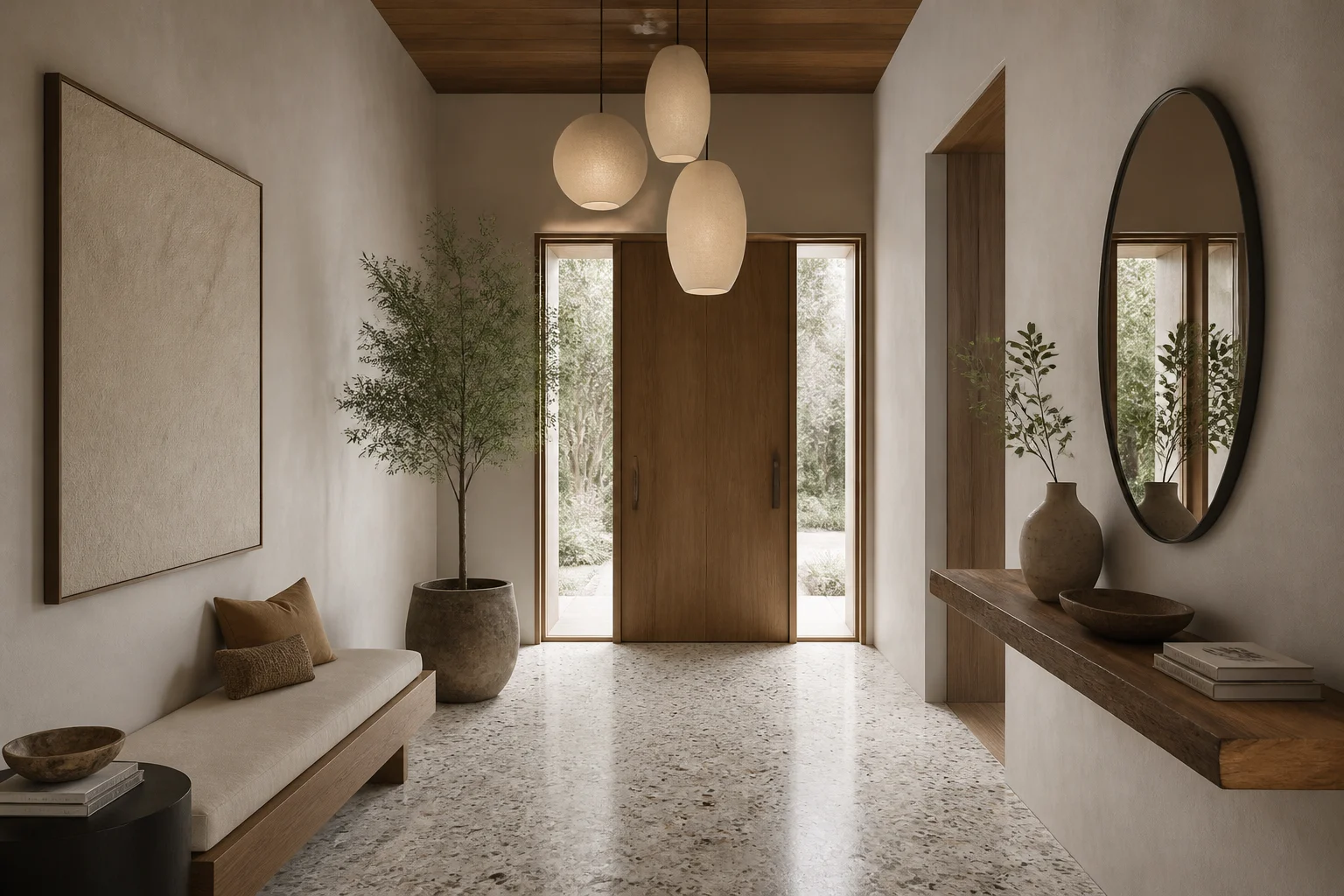 Terrazzo zemin, alçak bench ve asılı lamba kümesi ile modern giriş