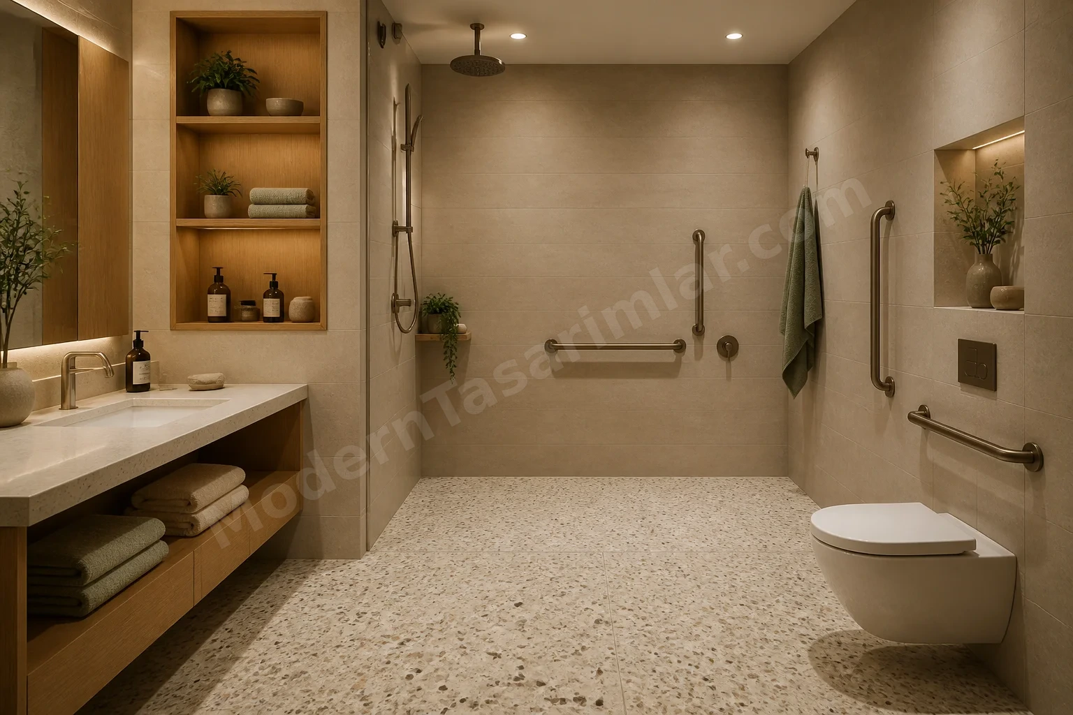 Terrazzo zemine, büyük kürbsüz duşlu spa esintili engelsiz banyo