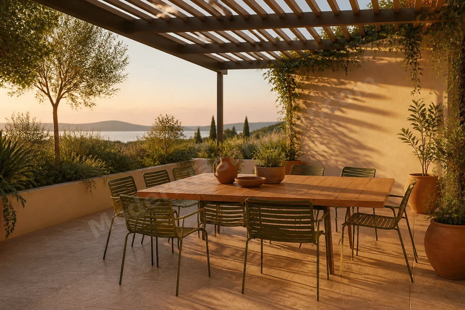 Toz boyalı metal sandalyeler ve pergola gölgesiyle yemek alanı