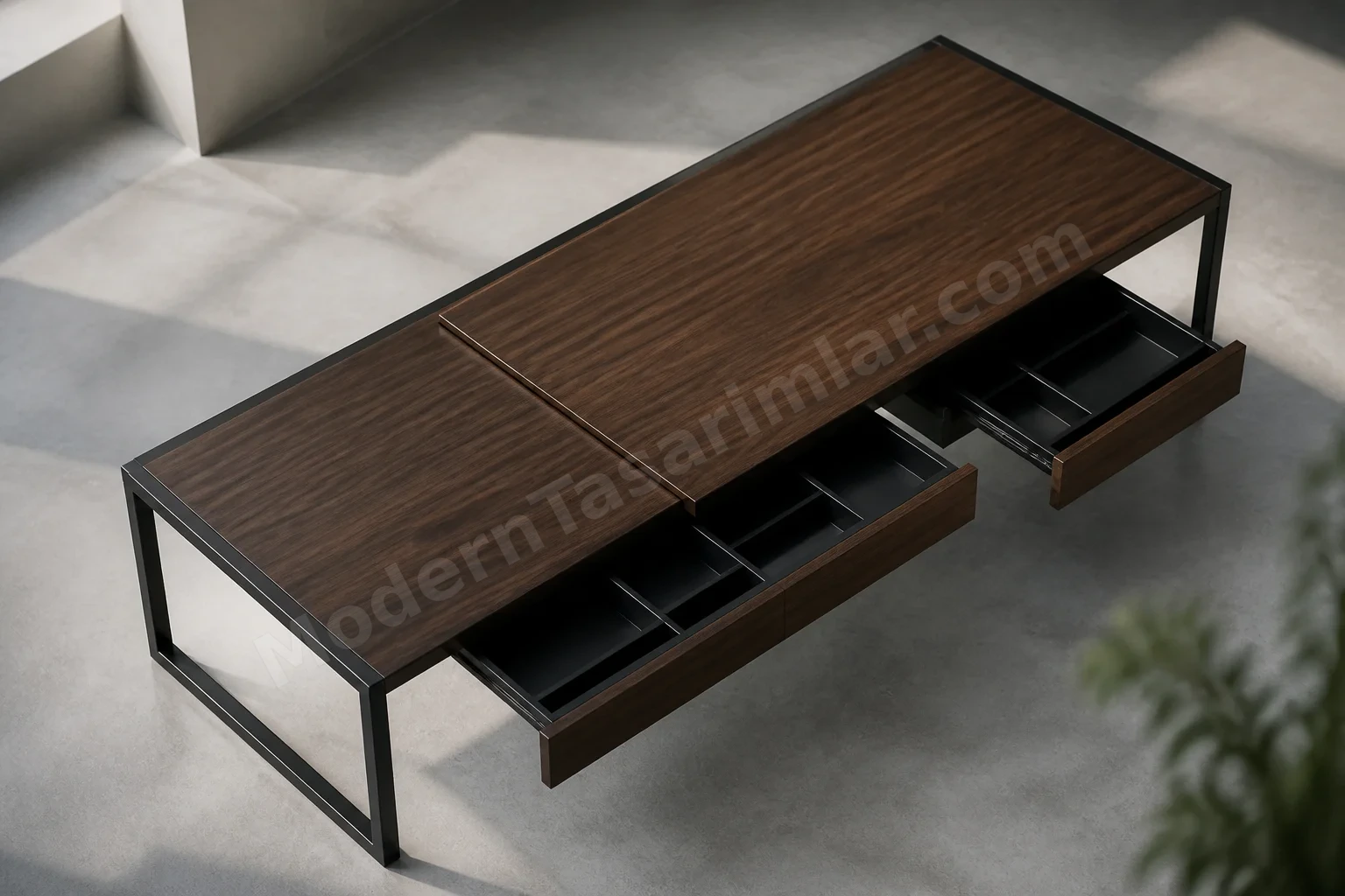 Walnut kaplamalı çekmeceli siyah çerçeveli sürgülü masa