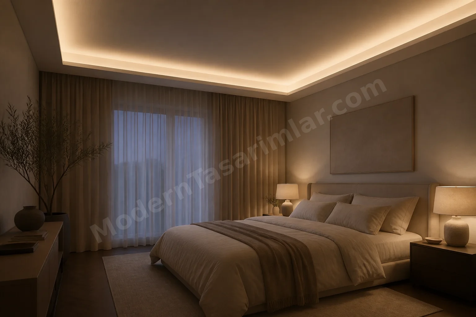 Yatak odasında çevresel cove aydınlatma ile yumuşak uplight etkisi