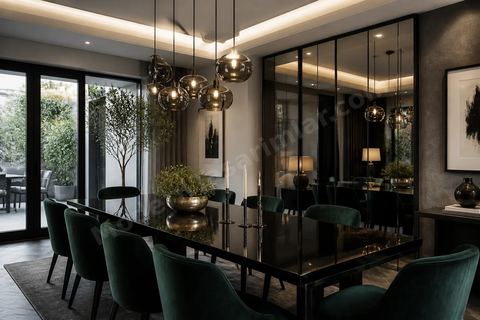 Yemek alanında parlak siyah masa ve ayna panellerle yumuşak sarkıt aydınlatma yansıması