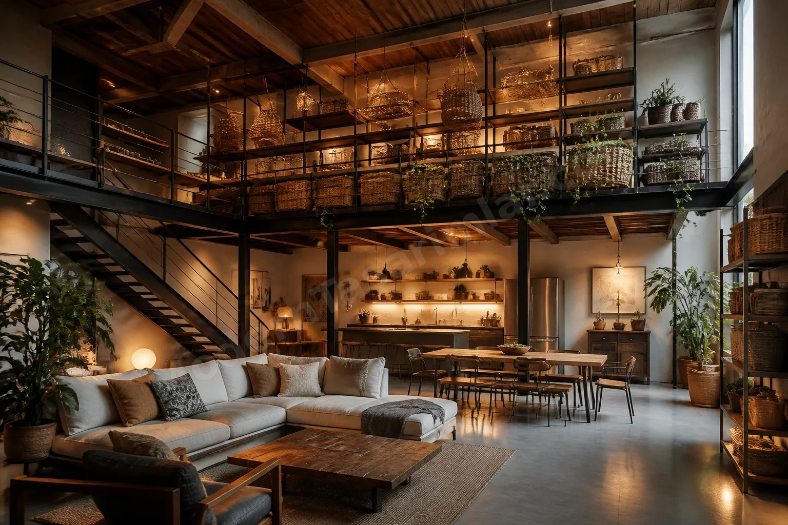 Yüksek raflı loft depolama konsepti