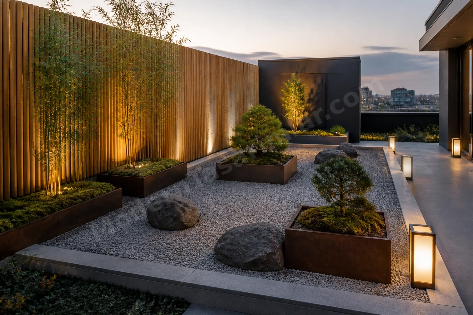 Zen tarzı çakıl yatağı ve corten çelik saksılar, bambu perde