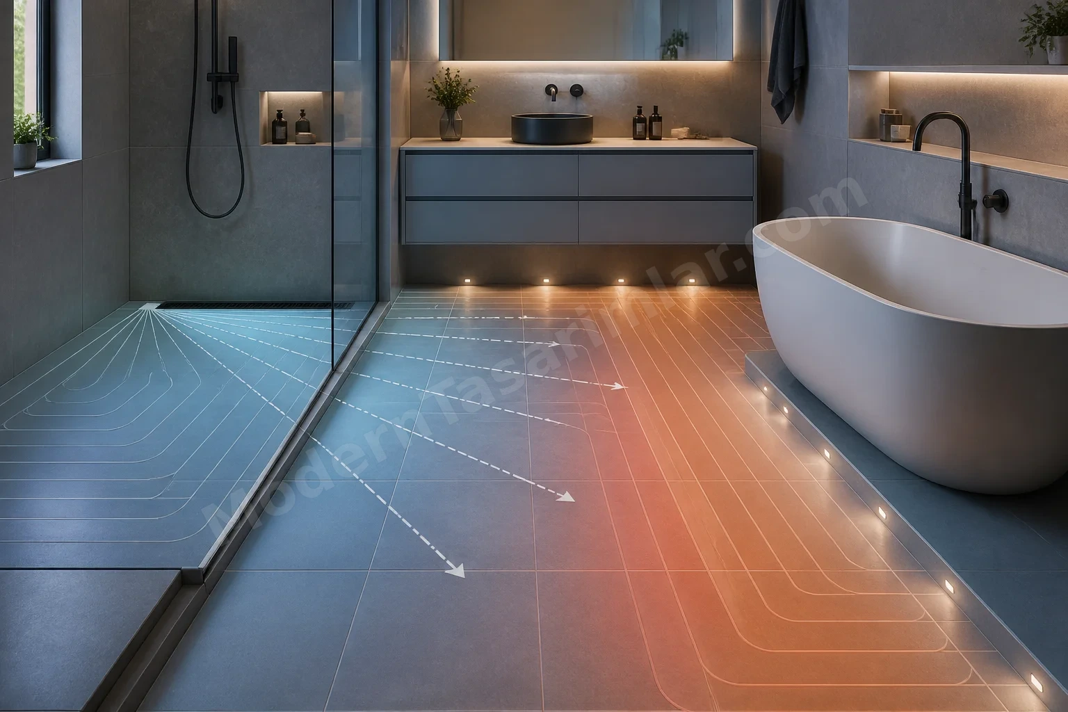Zonlu ısıtma haritası ile modern banyo ve hafif eğim işaretleri